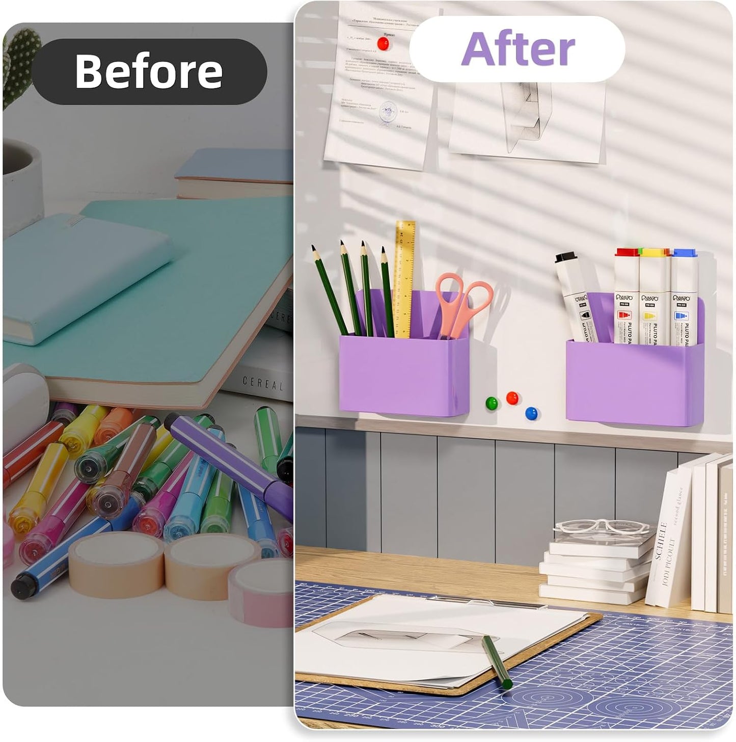 Marbrasse Magnetic Dry Erase Marker Holder,Pen and Eraser Holder for Whiteboard，Magnet Pencil Cup Utility Storage Organizer for Office, Refrigerator, Locker and Metal Cabinets (2 Pack)