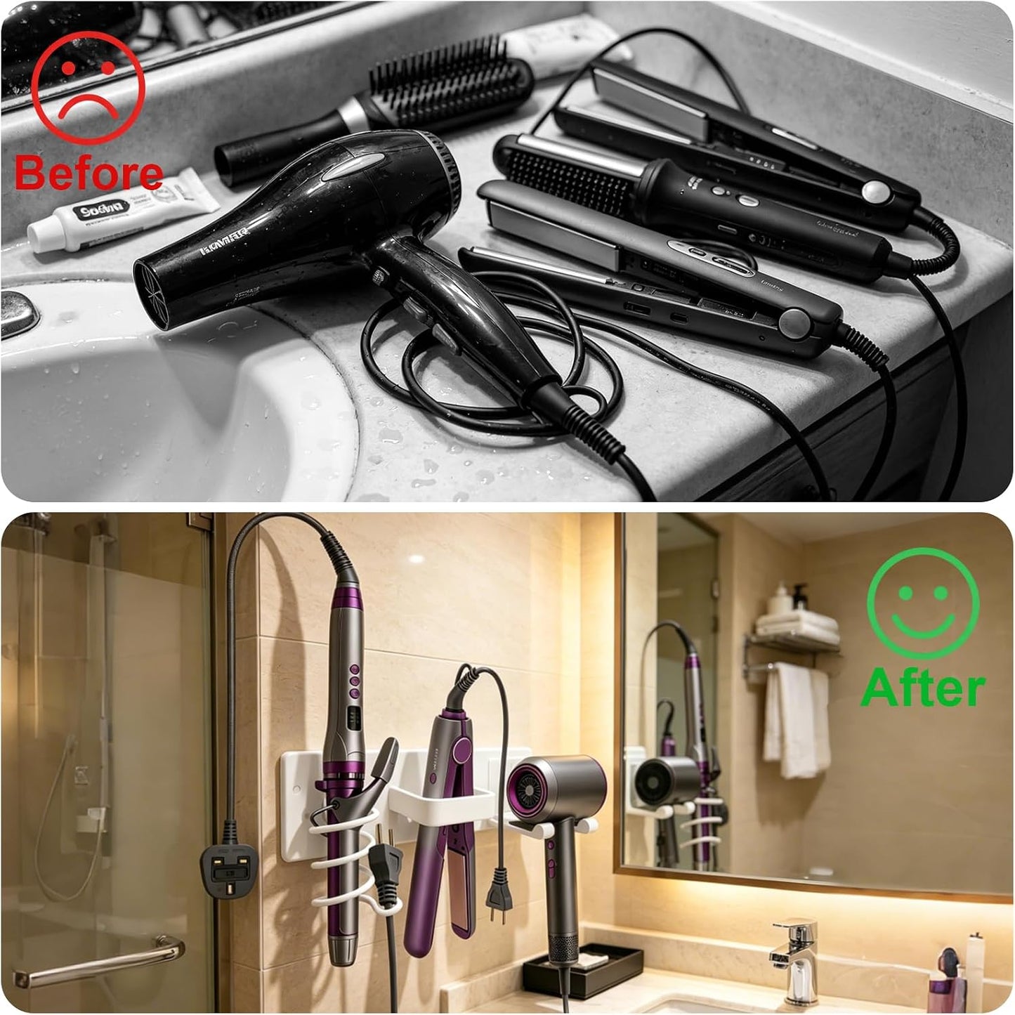 Hair Dryer Holder Wall Mount, Easy Assemble Hair Tool Organizer | 3 in 1 Metal Dryer Rack with Blow Dryer Holder & Curling Iron & Straightener Storage for Salo ＆ Bathroom (Matte Black)