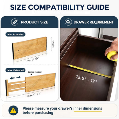 Fabsome Dresser Drawer Organizers 6 Pack, 4.65'' High Adjustable from 12.5-17‘’ Bamboo Drawer Dividers for Clothing Baby Clothes, Wooden Separators for Dresser Nursery Organization with Soft Foam Ends