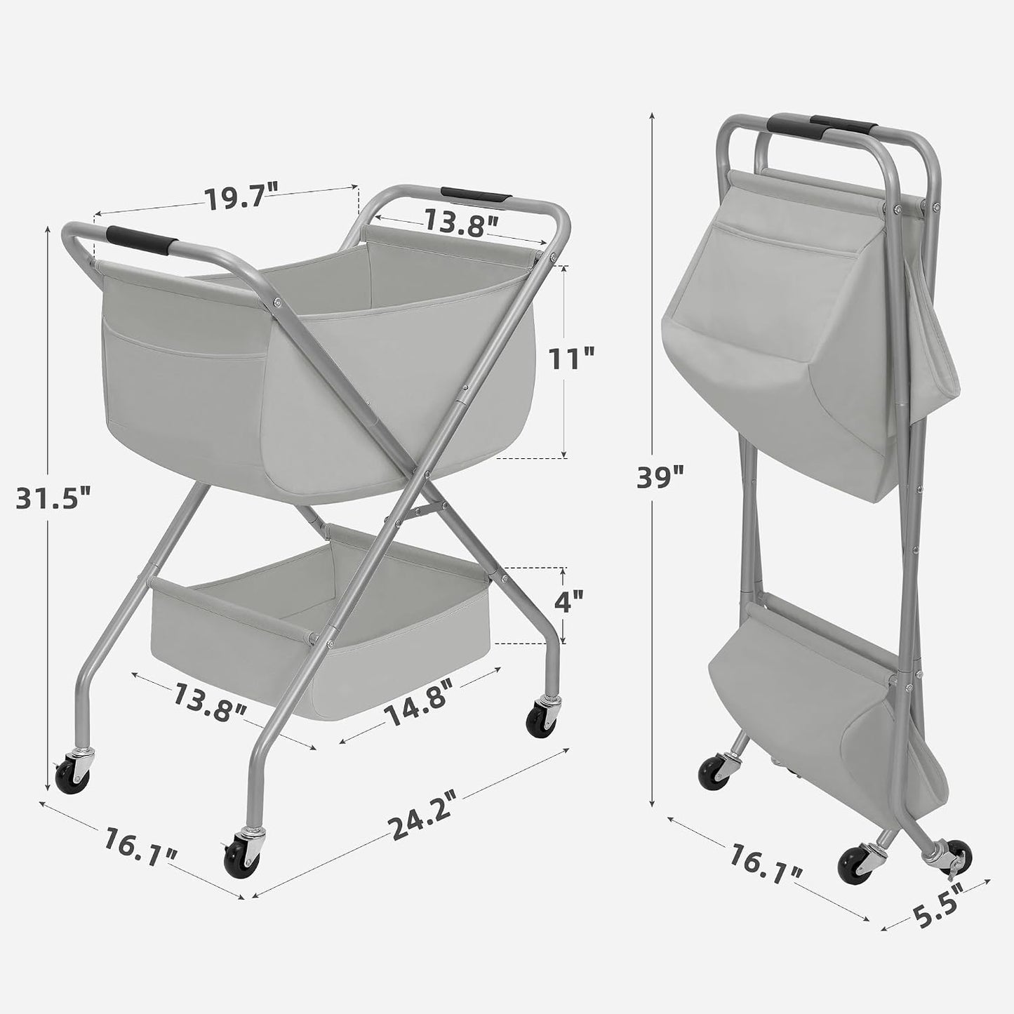 STORAGE MANIAC Collapsible Laundry Cart with Wheels 35.6"H Removable Canvas Bag Rolling Laundry Hamper Clothes Basket with Wheels, Sturdy Steel Frame Folding for Small Narrow Space Easy Storage, Beige