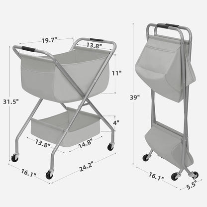 STORAGE MANIAC Collapsible Laundry Cart with Wheels 35.6"H Removable Canvas Bag Rolling Laundry Hamper Clothes Basket with Wheels, Sturdy Steel Frame Folding for Small Narrow Space Easy Storage, Beige