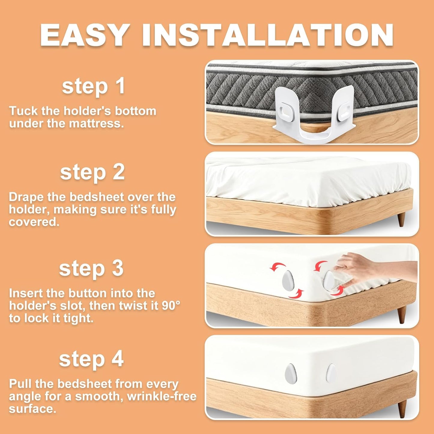 Bed Sheet Holders for Corners: Fitted Bed Sheet Holders with 4 Pack Twist-Cap Clips Keep Sheets Tight Heavy-Duty Grippers Quick Install