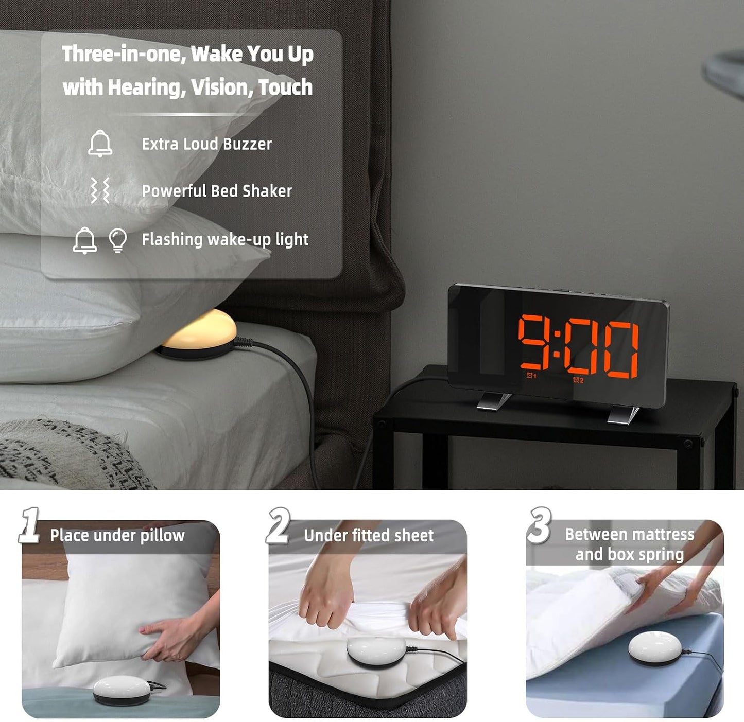 Electronic Vibration Alarm Clock with Super Loud Bed Shaker Memory Function Adjustable Brightness Volume 10 Songs Dual Alarm for Heavy Sleepers Bedroom Desk