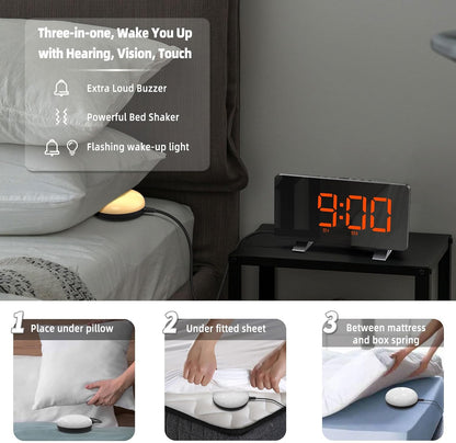 Electronic Vibration Alarm Clock with Super Loud Bed Shaker Memory Function Adjustable Brightness Volume 10 Songs Dual Alarm for Heavy Sleepers Bedroom Desk