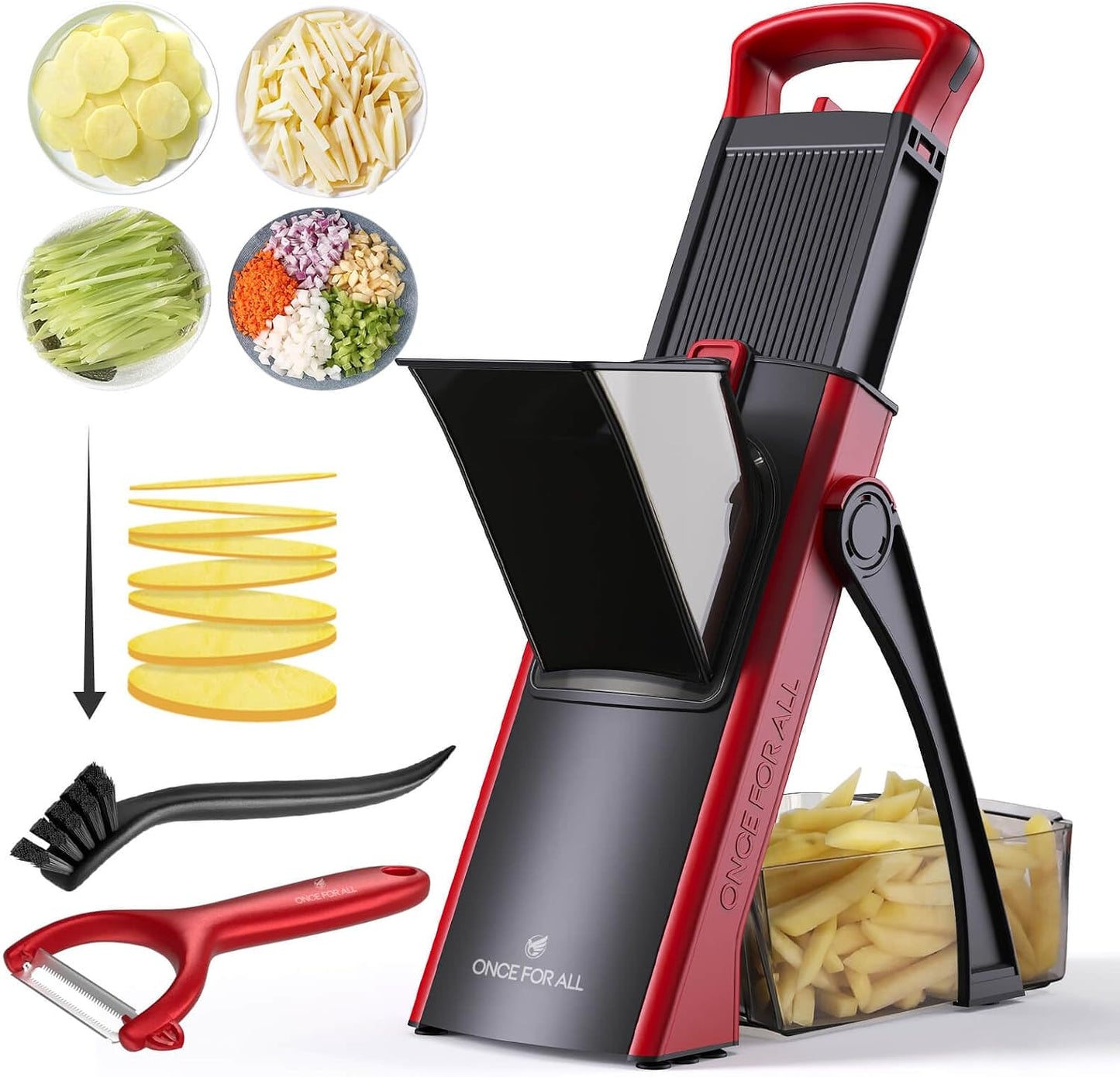 ONCE FOR ALL Safe Mandoline Slicer Plus, Bigger Size, Potato Slicer, Black | 0.1-8mm Adjustable Vegetable Food Chopper, Kitchen Mandoline Slicer Stainless Steel, Detachable Blade, Dishwasher-safe, Gift