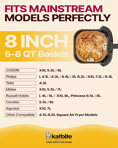 Katbite Air Fryer Liners, 8.6 x 5.5 Inch for Dual Basket Fryers, 220 Count | Disposable oil-proof parchment liners for dual basket air fryers; Compatible with Foodi DZ201, DZ401 and FG551 models.