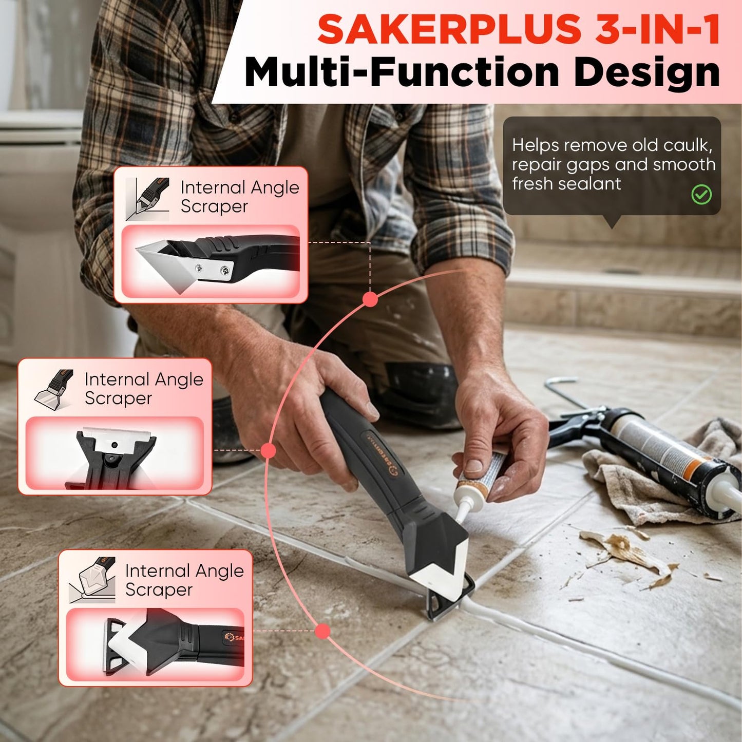 Sakerplus 3-in-1 Silicone Caulking Tools,Caulk Remover Tool and Caulk Finishing Tool Kit with Silicone Smoother,Nozzle Needle for Kitchen Bathroom Window Sink (Classic Black)