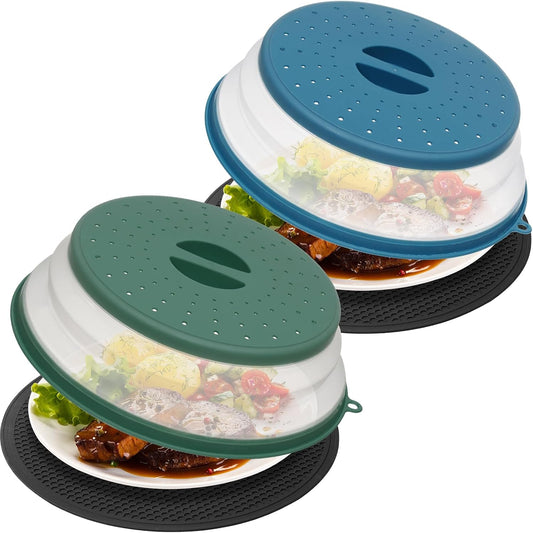 Large Microwave Splatter Cover & Silicone Mat,12 Inchs Vented Collapsible Guard dish Plate lid & Round Kitchen mat for food