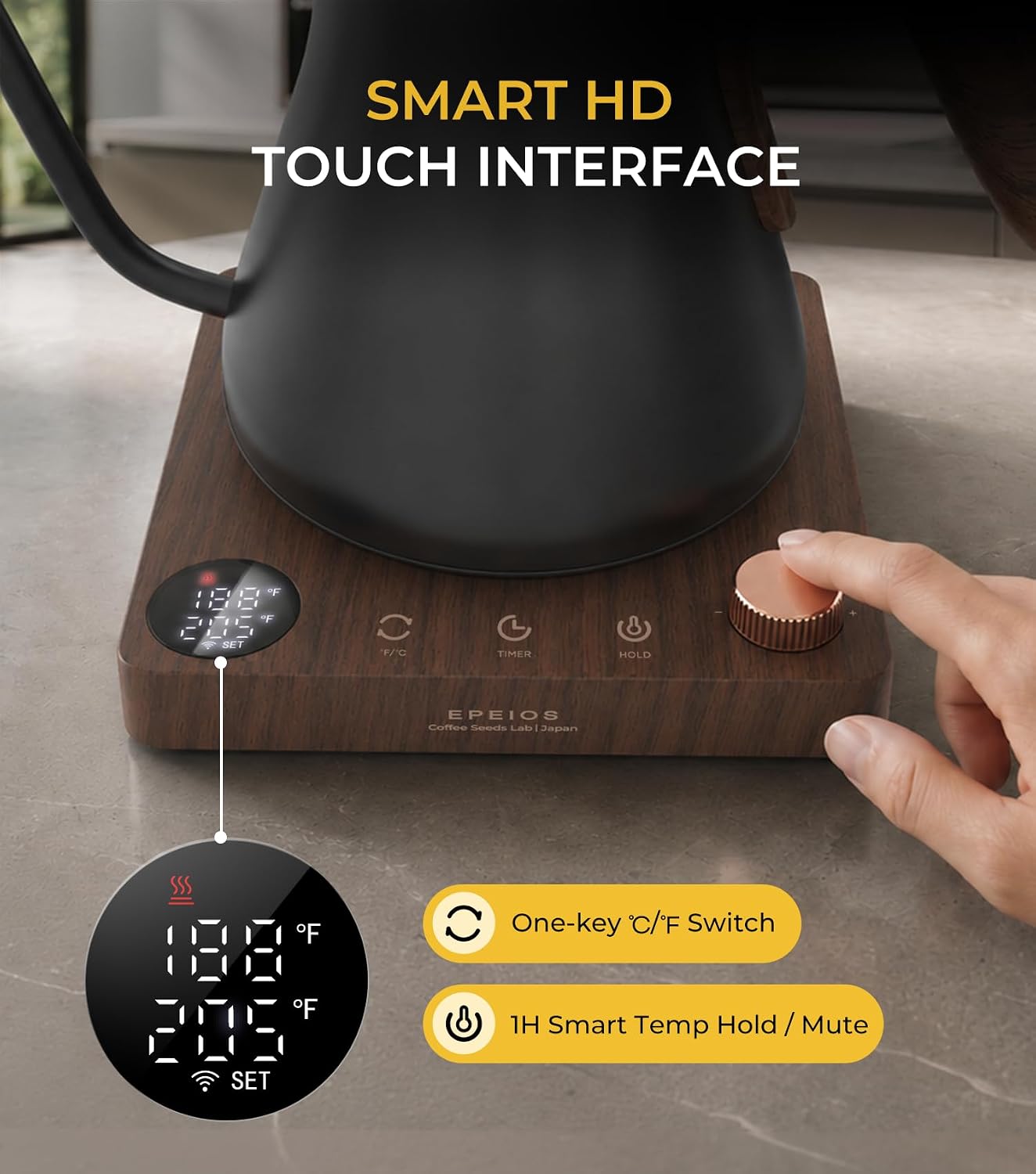 Epeios Gooseneck Electric Kettle 1°F Temperature Control,1200W,0.9L,Black | Rapid Heating, for Pour Over Coffee & Tea,Hot water Boiler,Brew Timer, 304 Stainless Steel Interior, Auto Shut-Off