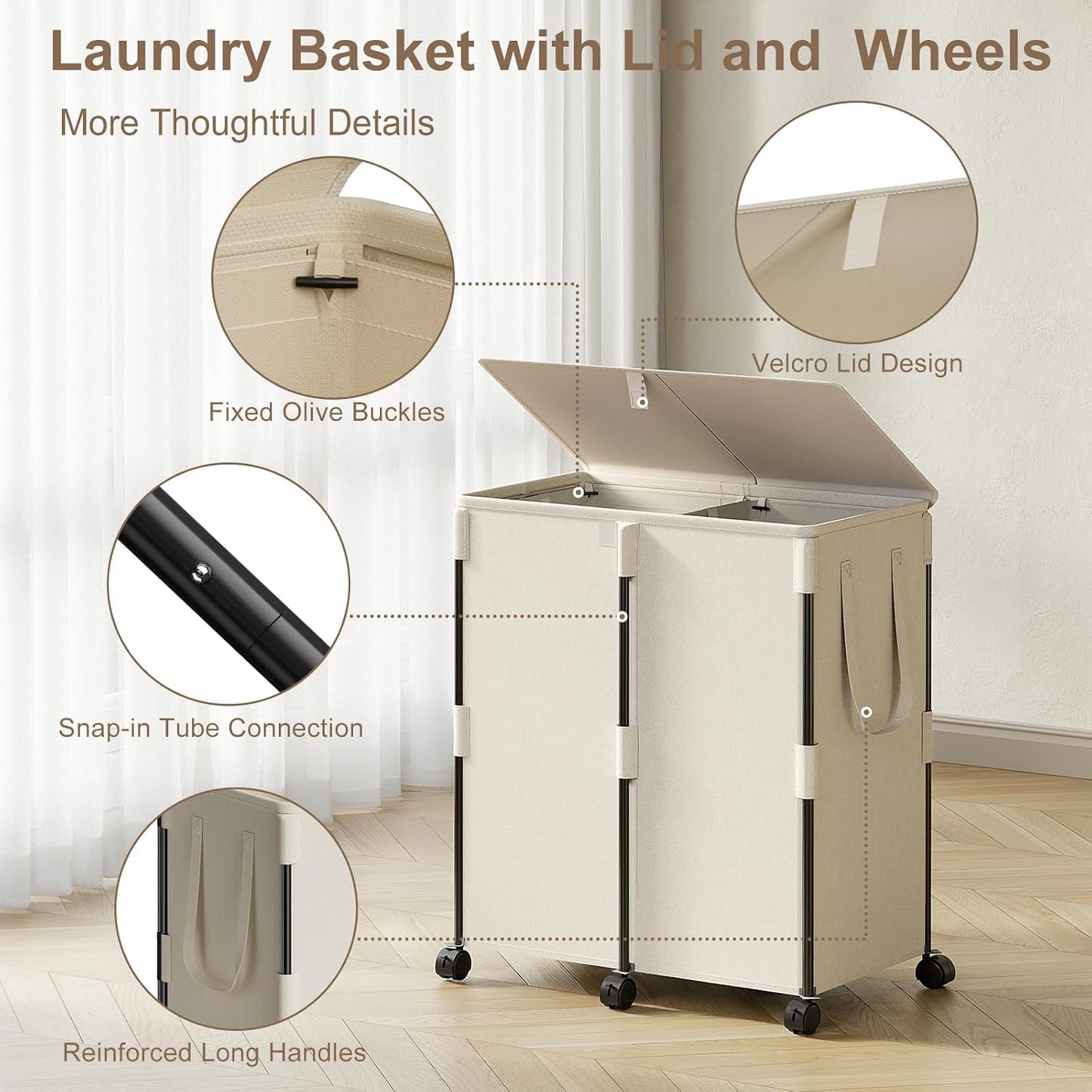 140L Double Laundry Hamper with Lid and 6 Wheels, Rolling Laundry Basket | Gasvadivum Metal Frame Laundry Sorter 2 Section with 2 Removable Bags, Large Clothes Cart for Bedroom, Bathroom, Black