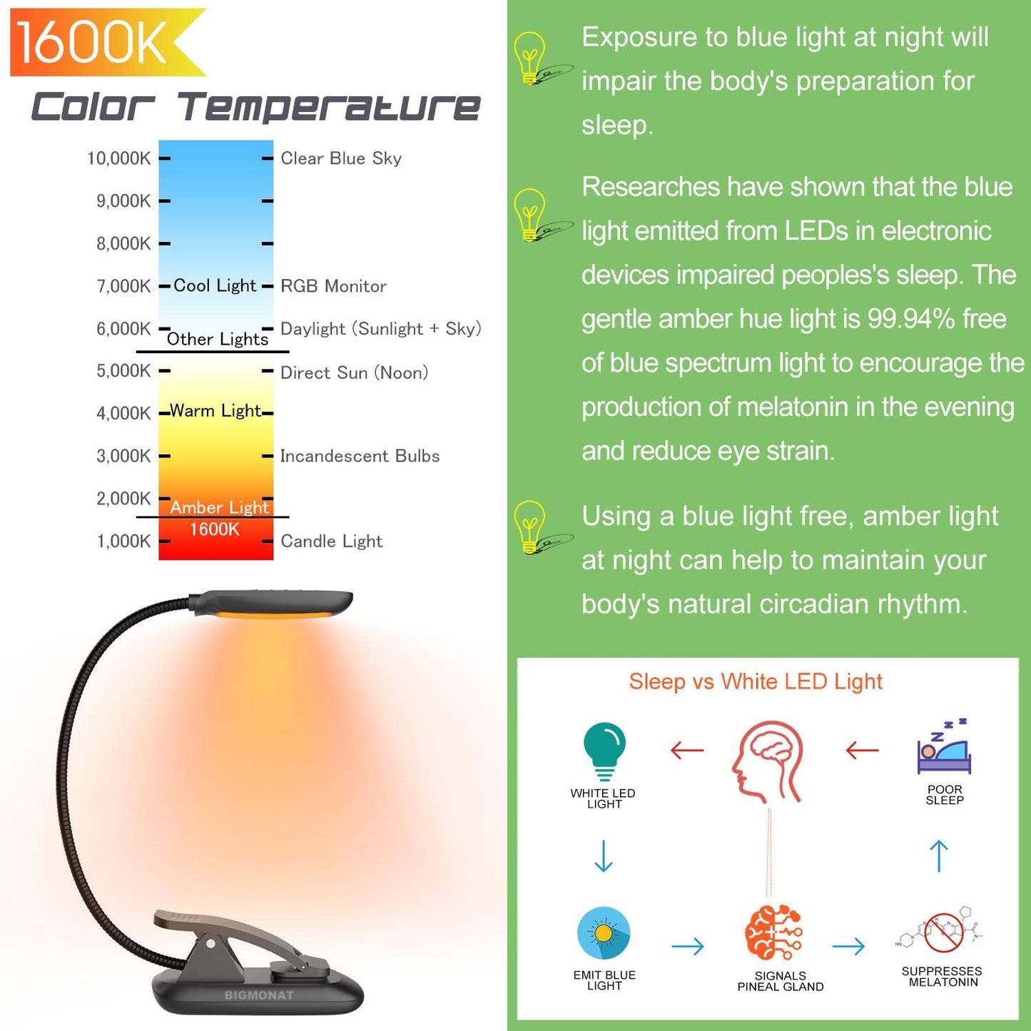 BIGMONAT Battery Operated Clip on Light, Dimmable Brightness Eye Care Book Reading Light, 360°Flexible Gooseneck Night Lighting for Home Office, Reading,Study (Orange, 2Pack)
