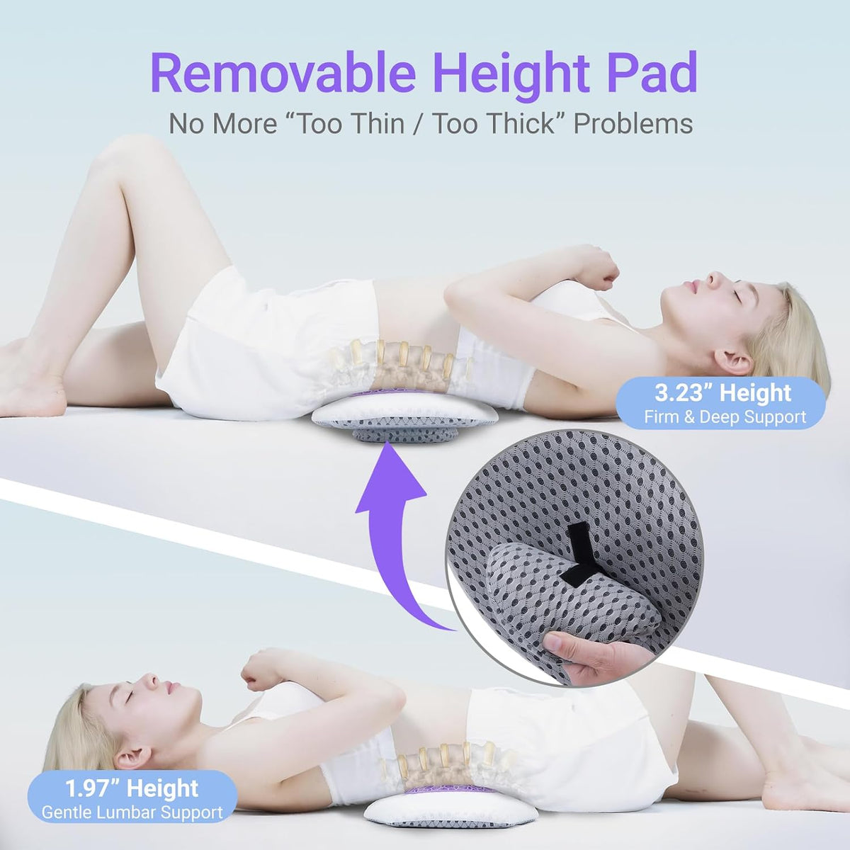 Lumbar Support Pillow for Sleeping, Memory Foam Lower Back Pillow with Adjustable Height Pad, Removable Washable Cover, Ergonomic Lumbar Cushion for Bed, Couch, Gift Box