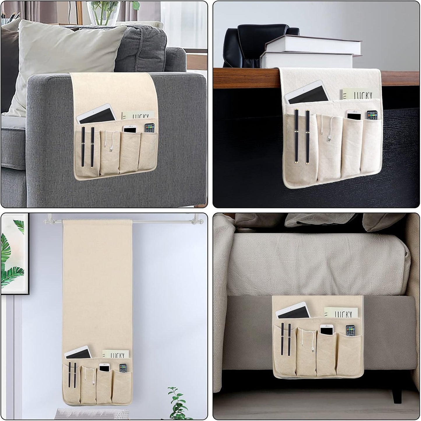 Remote Control Holders for Armchairs, Couch Caddy, Featuring Non-Slip Bases | 5 Pockets Bedside Storage Pocket for TV Remote Holder, Phone Tablet Kindle, Magazines, Gifts for Seniors (Beige, 35"X12.4")