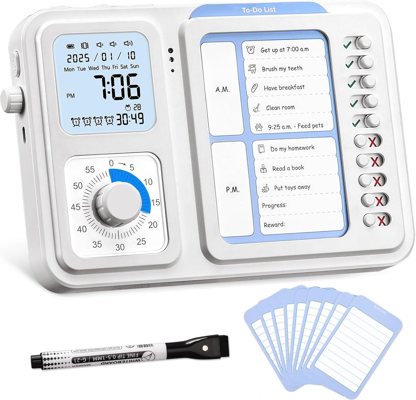 3-in-1 Visual Timer & ADHD Tool for Kids|Adults | Task Timer with Chore Chart Board, Visual Schedule for Kids Autism, Daily Checklist for Home, School, Classroom, Desk (White)