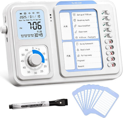 3-in-1 Visual Timer & ADHD Tool for Kids|Adults | Task Timer with Chore Chart Board, Visual Schedule for Kids Autism, Daily Checklist for Home, School, Classroom, Desk (White)