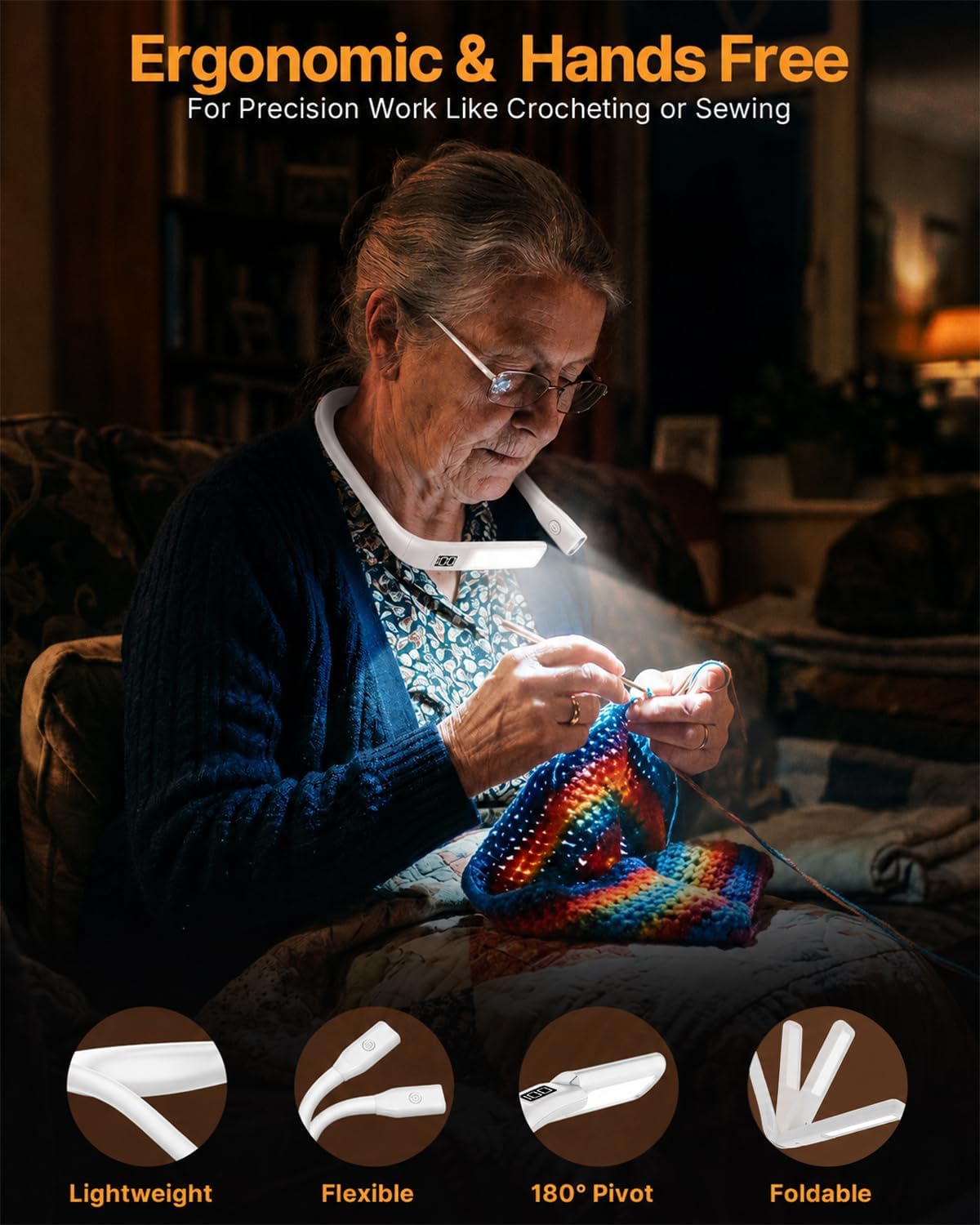 Reading Light Book Lovers Gifts: Upgraded Neck Light with Power Display & Timer, 80Hrs Rechargeable Book Lights for Reading at Night,Birthday Gifts for Readers Women, Knitting Crochet Accessories