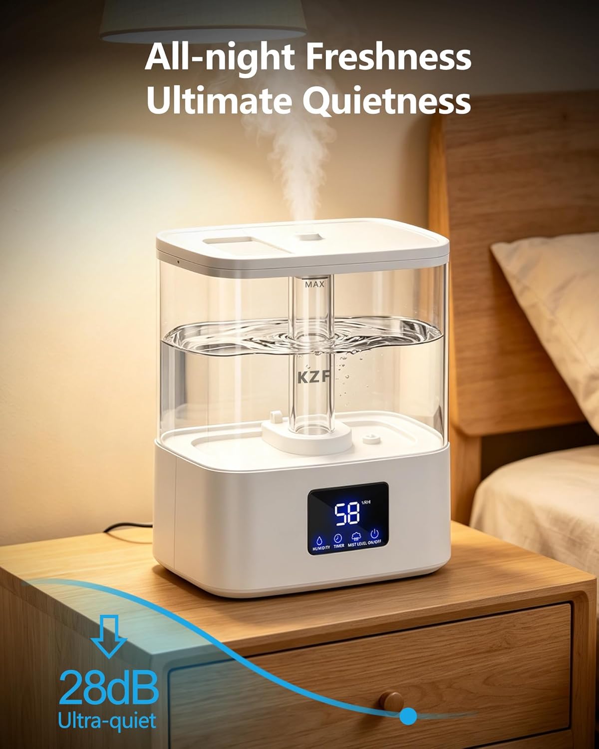 KZF Humidifiers for Bedroom, 4L Cool Mist Humidifier for Large Room, Black