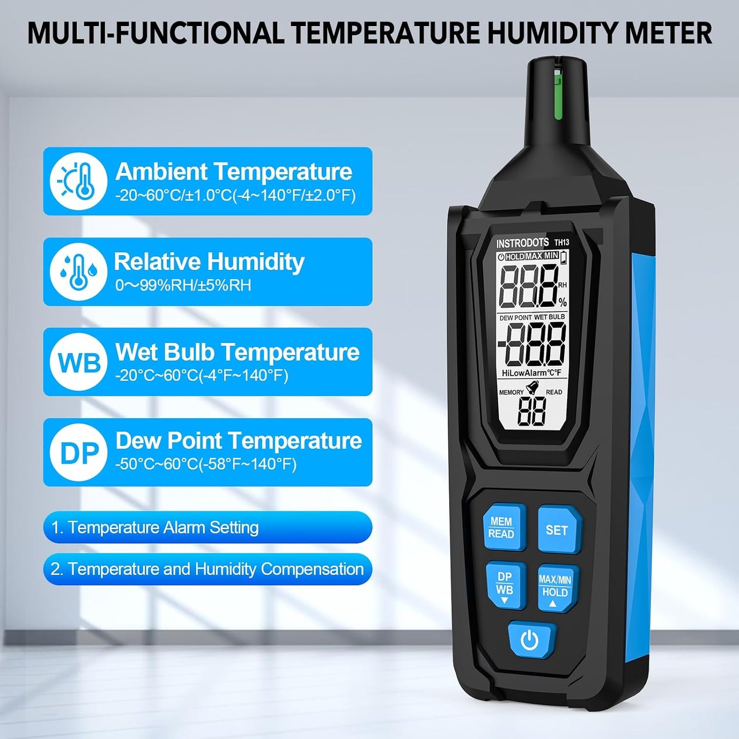 Temperature Humidity Meter, High Precision Thermometer Hygrometer with Ambient, Dew Point, Wet Bulb Thermometer, Dual Display Temperature & Humidity with LCD Backlight, TH10