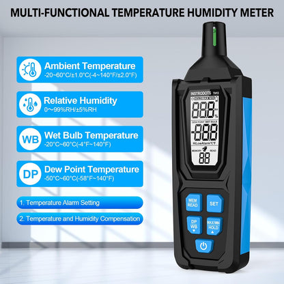 Temperature Humidity Meter, High Precision Thermometer Hygrometer with Ambient, Dew Point, Wet Bulb Thermometer, Dual Display Temperature & Humidity with LCD Backlight, TH10