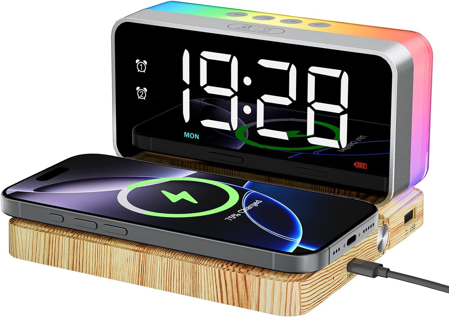 Alarm Clock for Heavy Sleeper,Wireless Charging,Bluetooth Speaker | Dual Alarms for Bedroom,10W Wireless Charging,White Noise Sound Machine, Ideal Gift for Adults,Teens,Kids,Senior (Wood Grain)
