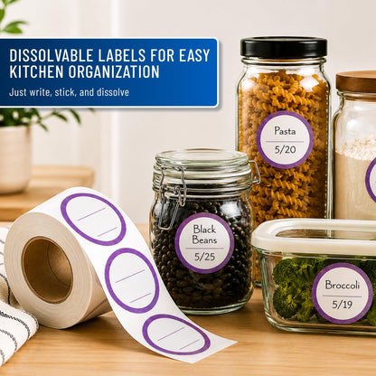 Water Soluble Labels for Food Containers – Dissolvable Kitchen Labels – No Sticky Residue – 2" Diameter, Two-Line Writable Surface, 200 Labels Per Roll (Purple)