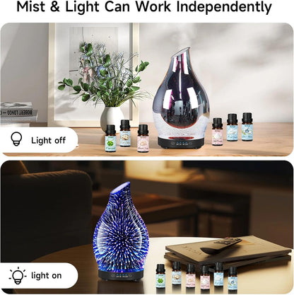 120ML Essential Oil Diffuser, 3D Glass Aromatherapy Diffuser with Auto Shut-Off and 7 Color LED Lights, Ultrasonic Mist Humidifier with 4 Timer for Home Office Bedroom (3D Fireworks)