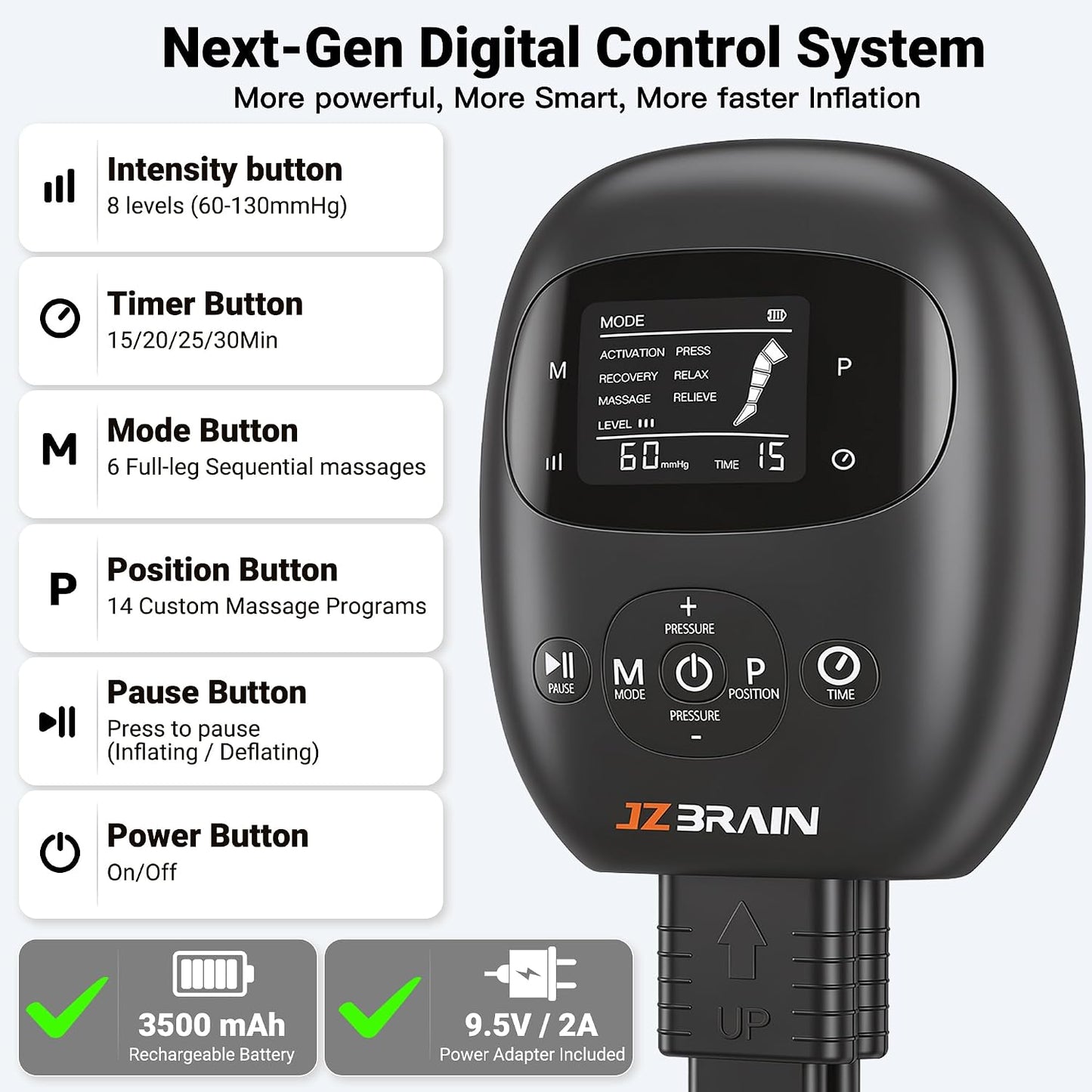 JZBRAIN Compression Boots, Full Leg Compression Massager for Circulation | Professional Grade, Sequential Massage, Cordless and Rechargeable Use, 3500mAh, 5H Runtime, 6 Modes, 8 Intensity, Large