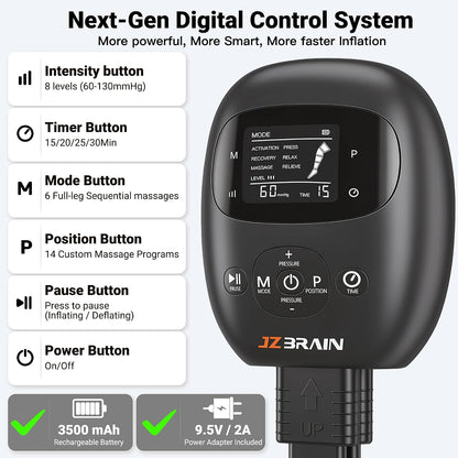 JZBRAIN Compression Boots, Full Leg Compression Massager for Circulation | Professional Grade, Sequential Massage, Cordless and Rechargeable Use, 3500mAh, 5H Runtime, 6 Modes, 8 Intensity, Large
