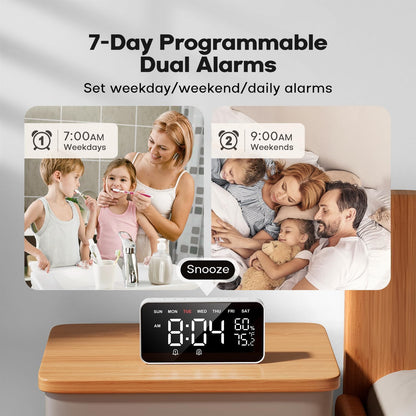 Dekala Digital Alarm Clocks for Bedrooms, Loud Alarm Clock for Heavy Sleepers, Temperature & Humidity Detect, Dual Alarms Weekday/Weekend Mode, Large Display Auto Dimmer, Sleep Sound，9 Ringtone