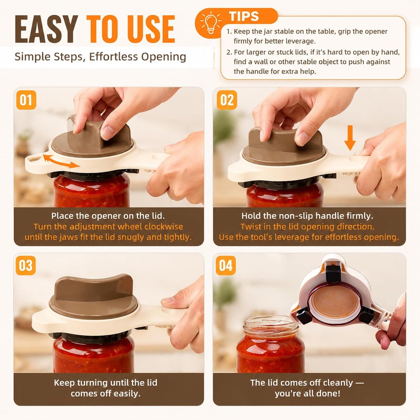 4-in-1 Jar Opener for Weak Hands & Arthritis, Adjustable Lid Opener | Non-Slip Stainless Steel Can & Bottle Opener for Jars, Cans & Bottles, Easy Grip Kitchen Tool for Seniors