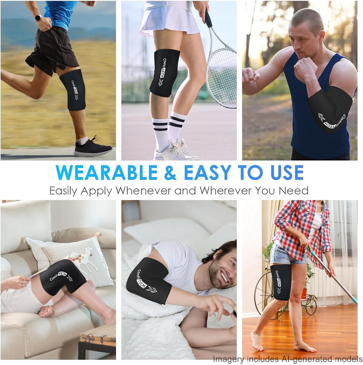 ComfiTECH Reusable Knee Ice Pack Wrap, Flexible Cold Gel Pack Sleeve, M