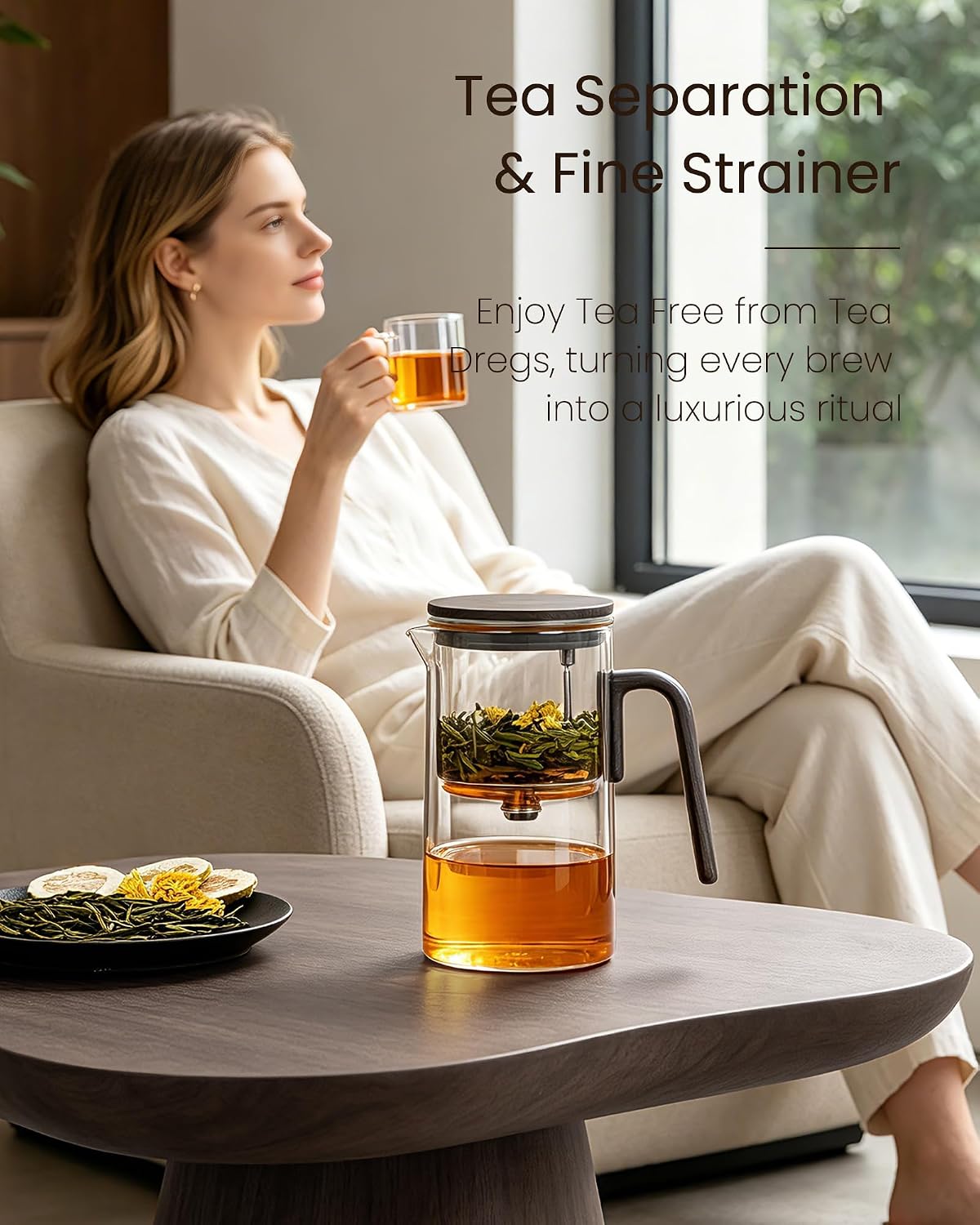 ZENS Magnetic Glass Infuser Teapot for Loose Tea, 27oz Walnut Wood Handle | Magic Teapot with Infuser, Echanted Tea Maker, Mess-Free Loose Leaf Tea Diffusers for Tea lover Gifts