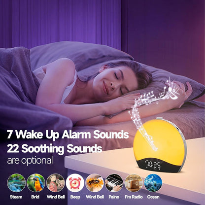 Sunrise Alarm Clock Wake Up Light, Kids Hatch Alarm Clock, Bluetooth White Noise Machine with 22 Soothing Sounds, 17 Color Night Lights, Sunrise Simulation, Dual Alarms, FM Radio, Snooze, Ideal Gift