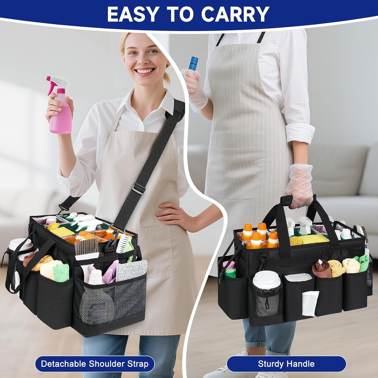 Cleaning Caddy Bag, Extra Large Cleaning Supply Bag for Housekeepers,Black | Sturdy Cleaning Caddy Organizer for Cleaning Supplies with Handle and Adjustable Shouder Strap, Easy to Clean Design