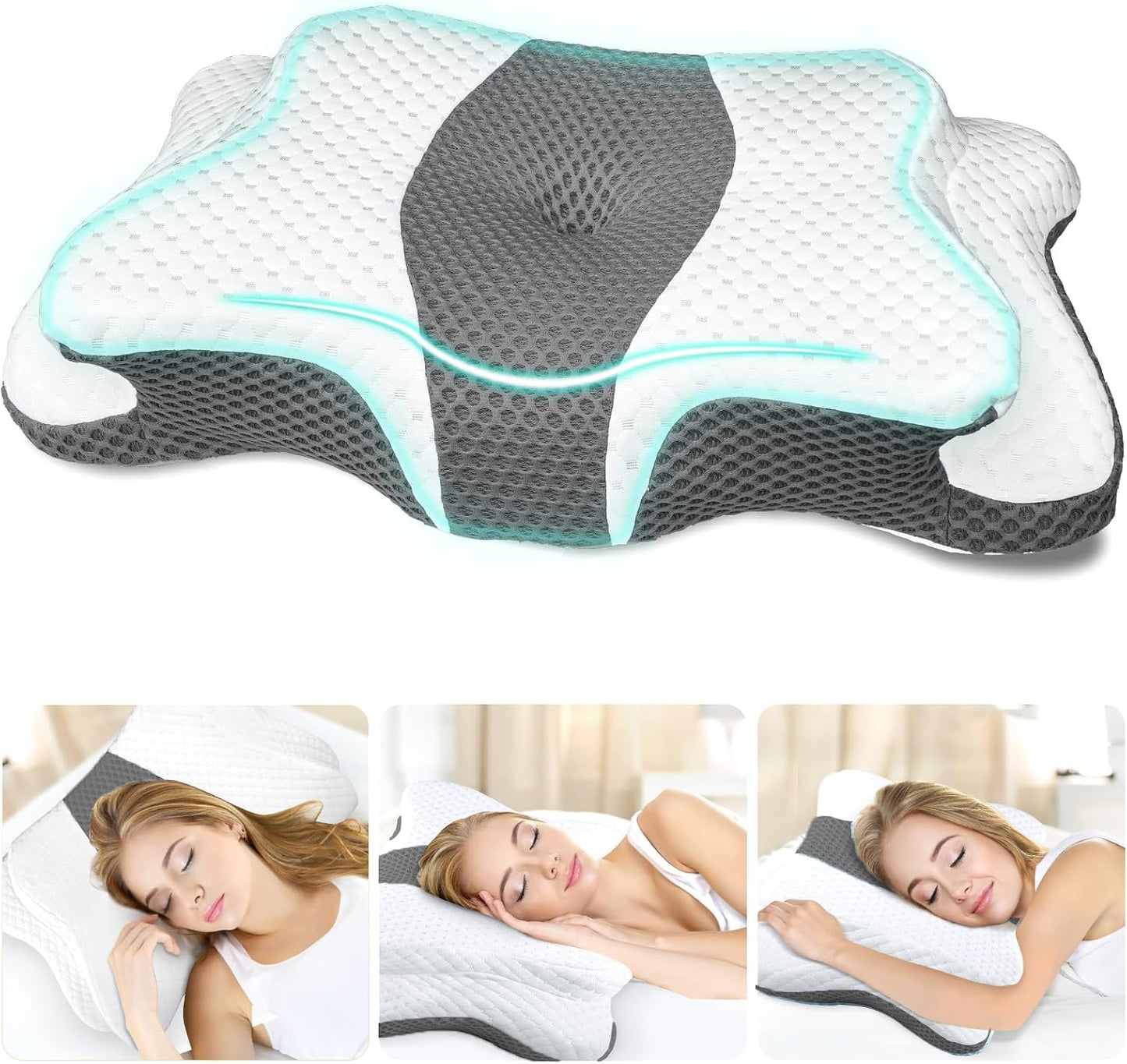 CHxxy Memory Foam Pillows, Cervical Pillow for Neck & Shoulder Pain Relief | Ergonomic Contour Bed Pillow, Soft for Side Sleep Stomach Sleeping and Back Sleeper-Queen Size&Grey