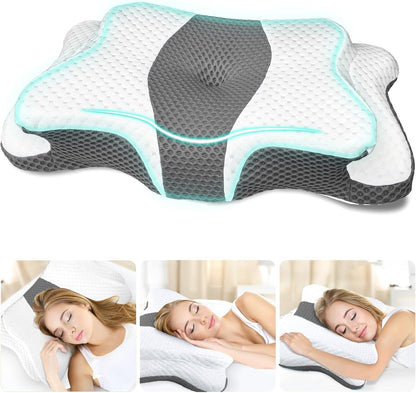 CHxxy Memory Foam Pillows, Cervical Pillow for Neck & Shoulder Pain Relief | Ergonomic Contour Bed Pillow, Soft for Side Sleep Stomach Sleeping and Back Sleeper-Queen Size&Grey