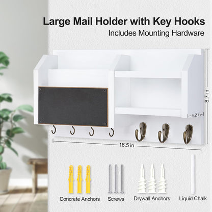 Lwenki Mail and Key Holder – Wall Mount Key Hanger with Shelf and 7 Metal Hooks – Decorative Natural Paulownia Wood Entryway Organizer with Mounting Hardware (16.5”W x 8.7”H x 3.5”D) (Brown)