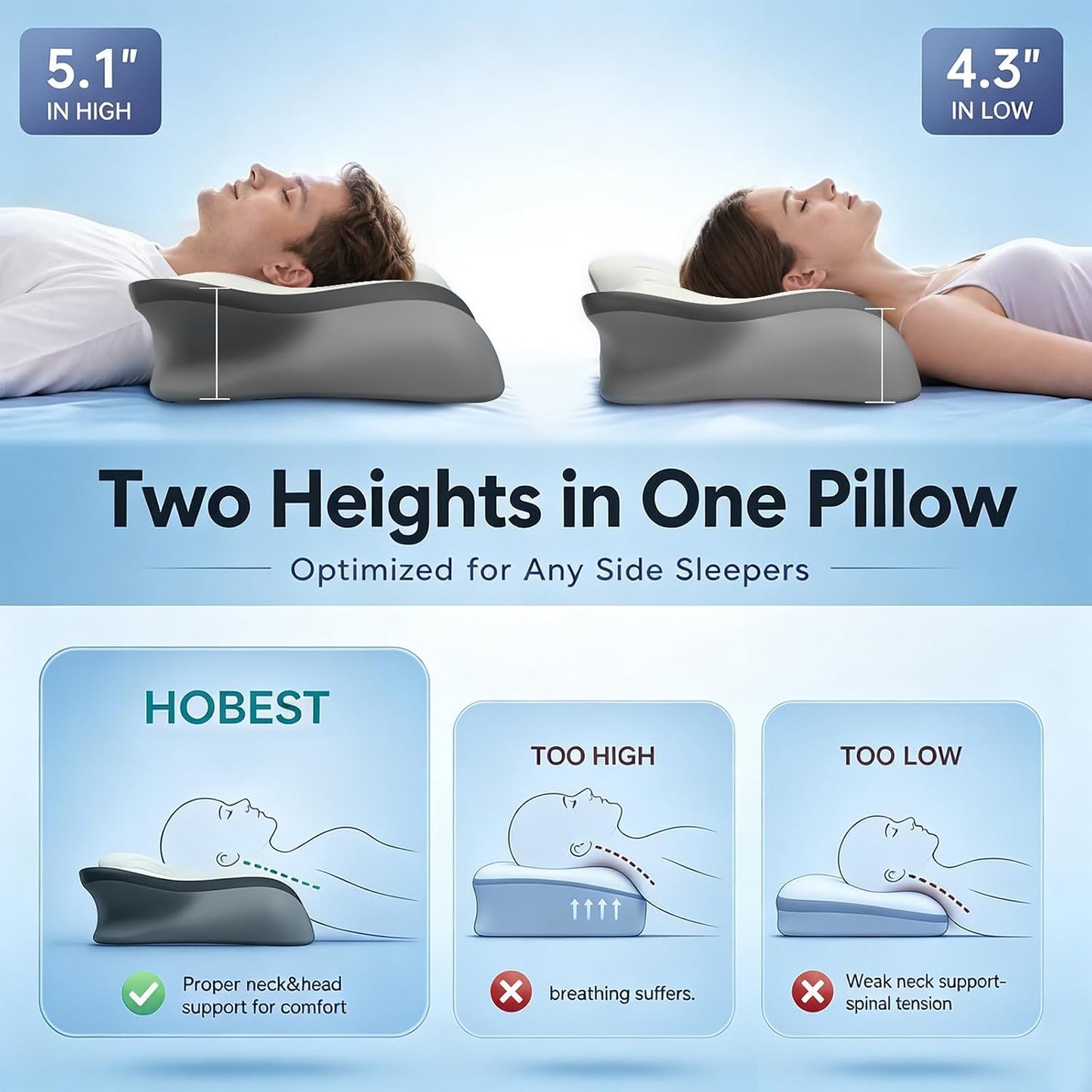 Pain Relief Cervical Neck Pillow, Ergonomic Contour | Q-Max Cooling | Non-Temperature Memory Foam | Side/Back/Stomach Sleeper Support for Sleeping, Reading, Scrolling,(White&Grey)