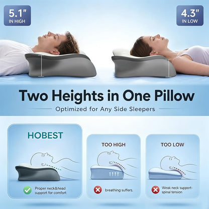 Pain Relief Cervical Neck Pillow, Ergonomic Contour | Q-Max Cooling | Non-Temperature Memory Foam | Side/Back/Stomach Sleeper Support for Sleeping, Reading, Scrolling,(White&Grey)