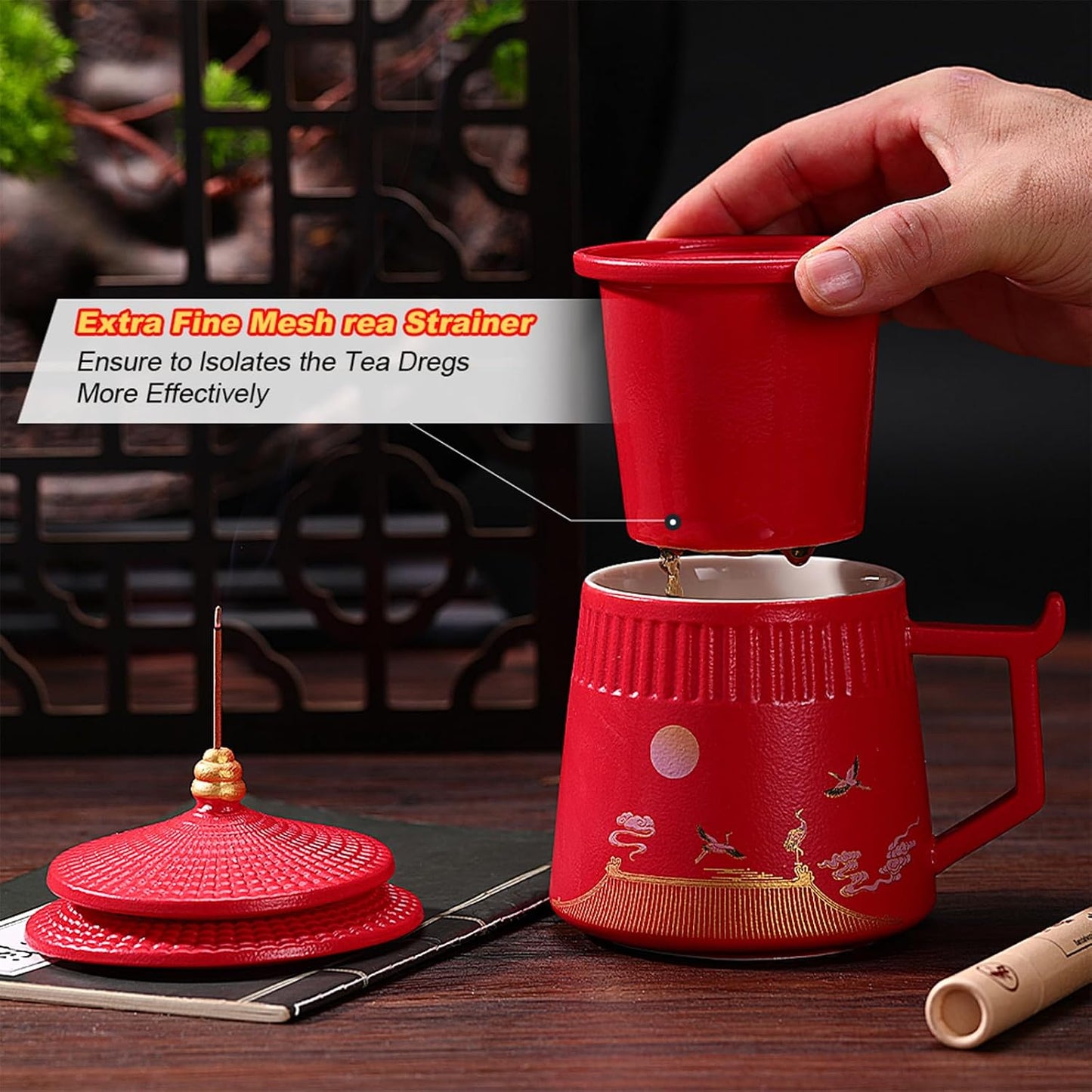 Loose Leaf Tea Cup with Infuser and Lid, 14.8oz Chinese Ceramic Mug with Fine Mesh Strainer, Office Steeping Cup for Tea Lovers Gifts