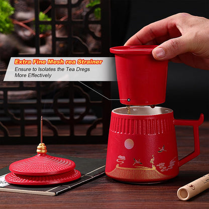 Loose Leaf Tea Cup with Infuser and Lid, 14.8oz Chinese Ceramic Mug with Fine Mesh Strainer, Office Steeping Cup for Tea Lovers Gifts