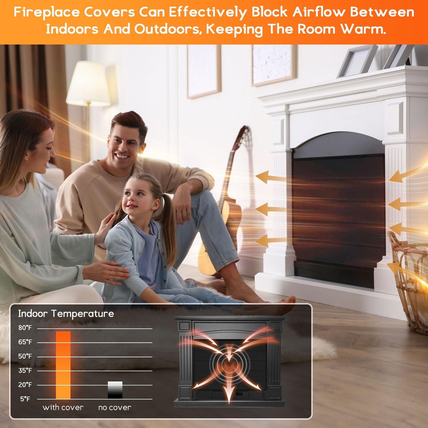 36" x 24" Magnetic Fireplace Cover - Oxford Indoor Draft Stopper | Blocks Airflow, Fireplace Screen Baby Proof, Metal Fireplace Doors Accessories, Living Room