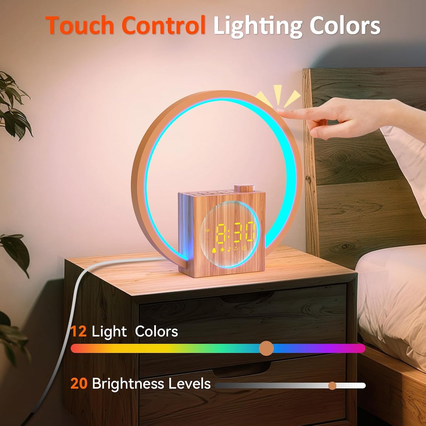 Sunrise Alarm Clock with Sound Machine: White Noise Machine for Heavy Sleepers, 12 Light Colors 30 Sleep Sounds 20 Brightness 32 Volume - Wake up Light with Touch Control for Bedrooms and Better Sleep