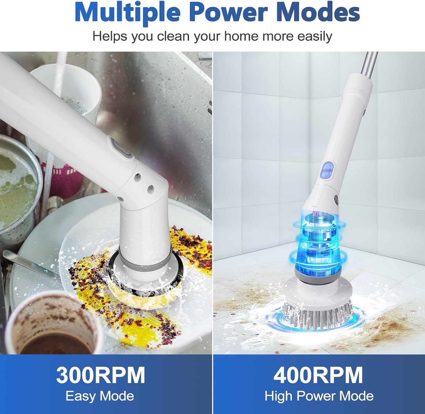 Qimedo Electric Spin Scrubber Q3, 6000mAh, Extra-Large Brush Head, 1200RPM | Floor Scrubber Machine with Long Handle, Cordless Cleaning Brush, 8 Brush Heads and Smart Display for Showers, Tubs and Tile