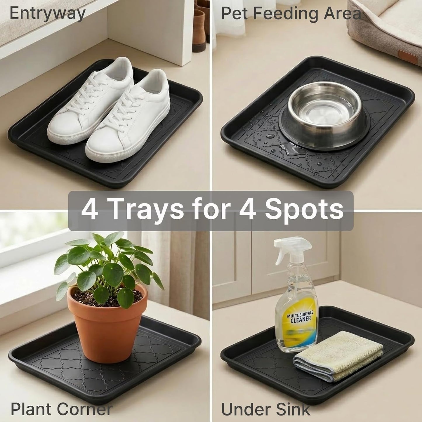 Kingrol 4-Pack Small Shoe Trays for Entryway Indoor, 16.5" x 12.6" Individual Boot Tray with Raised Lip, Waterproof Plastic Shoe Mat Tray for One Pair, Pet Bowls, Plants, Under Sink & Floor Protection