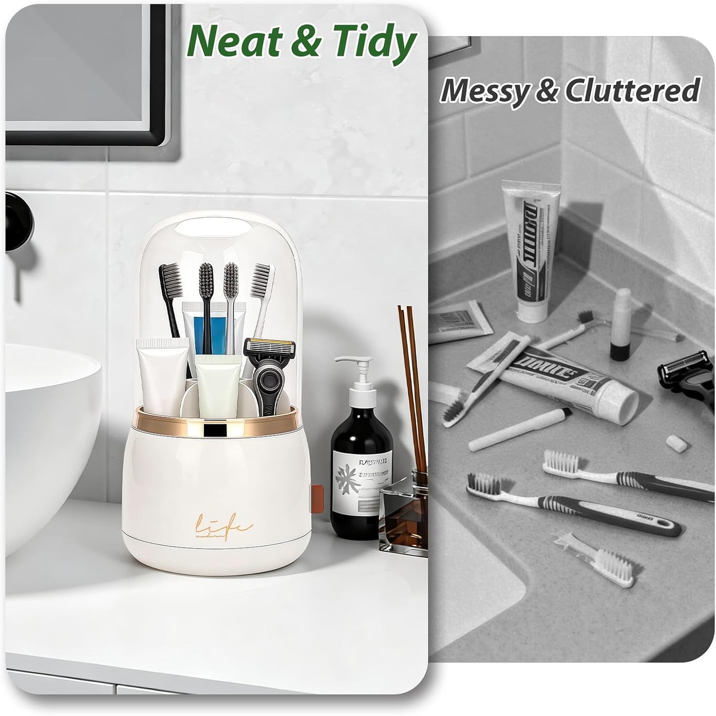 360 Rotating Toothbrush Holders for Bathrooms, 7-Slot Toothbrush Holder with Cover & Drainage, Bathroom Countertop Organizer for Electric Toothbrushes, Toothpaste & Makeup Brushes
