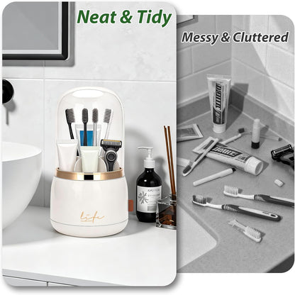 360 Rotating Toothbrush Holders for Bathrooms, 7-Slot Toothbrush Holder with Cover & Drainage, Bathroom Countertop Organizer for Electric Toothbrushes, Toothpaste & Makeup Brushes