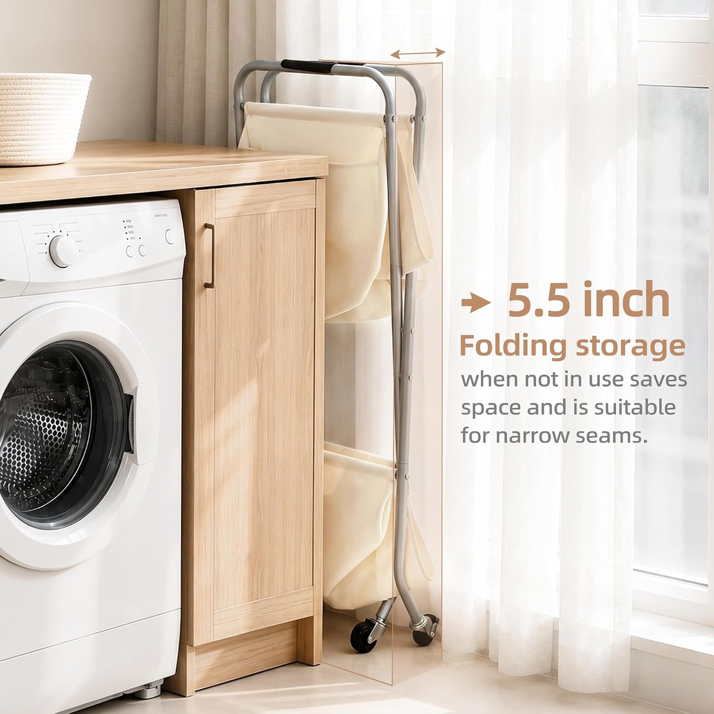STORAGE MANIAC Collapsible Laundry Cart with Wheels 35.6"H Removable Canvas Bag Rolling Laundry Hamper Clothes Basket with Wheels, Sturdy Steel Frame Folding for Small Narrow Space Easy Storage, Beige