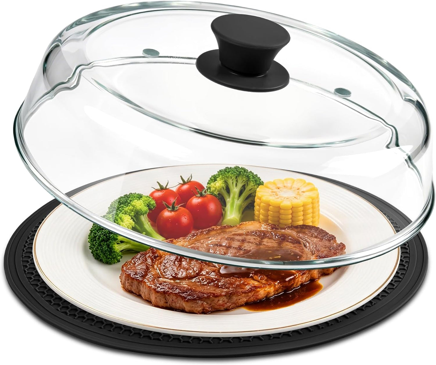 10inch Glass Microwave Splatter Cover for Food with Silicone Mat – Heat Resistant Plate Splatter Guard Lid with Vent Holes & Easy-Grip Handle – BPA Free, Dishwasher Safe