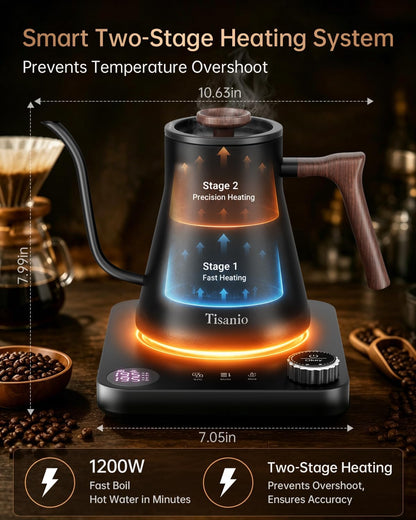 Gooseneck Electric Kettle with Temperature Control, 0.9L, Black | ±1°F Precision Pour Over Kettle, LCD Dual Display, Smart Two-Stage Heating, 2H Keep Warm, 304 Stainless Steel Interior
